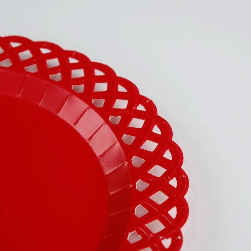 Red Basketweave Dinner Paper Plates by Gatherings by Curated Paperie, featuring a textured basketweave design for serving meals.