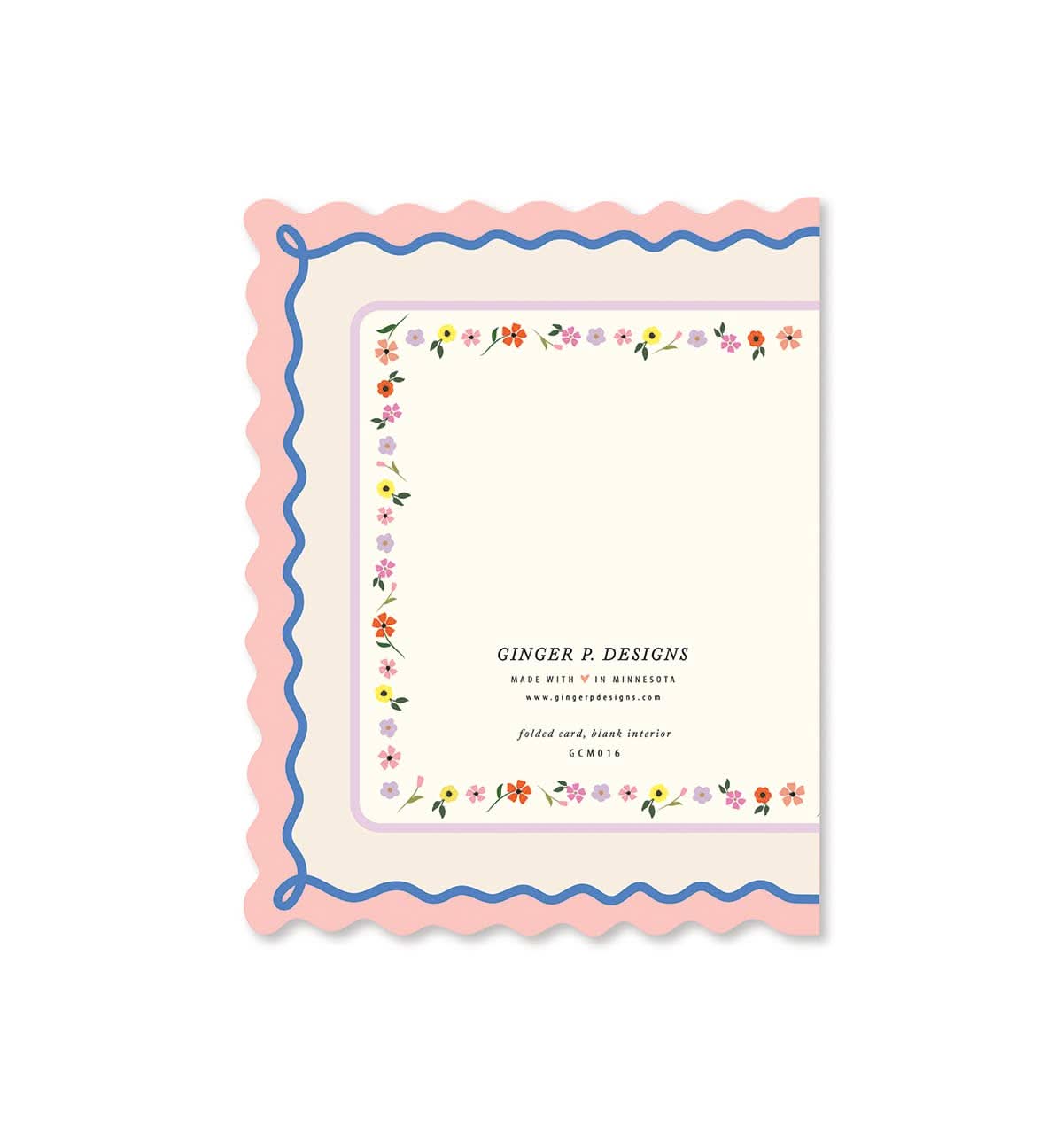 Mother's Day scallop greeting card by Ginger P. Designs with floral and scalloped border design on white background.