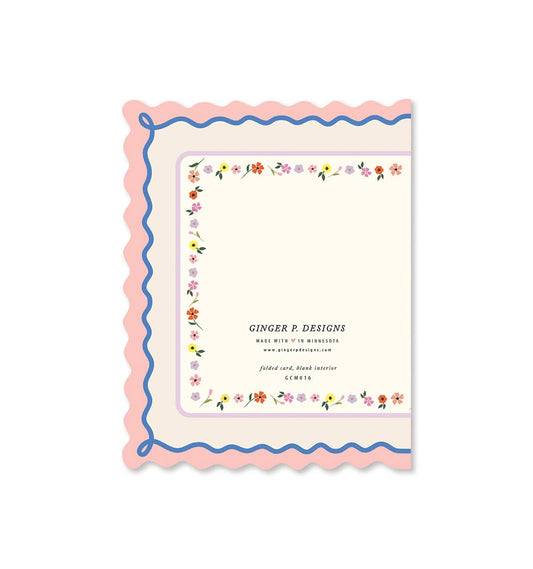 Mother's Day scallop greeting card by Ginger P. Designs with floral and scalloped border design on white background.