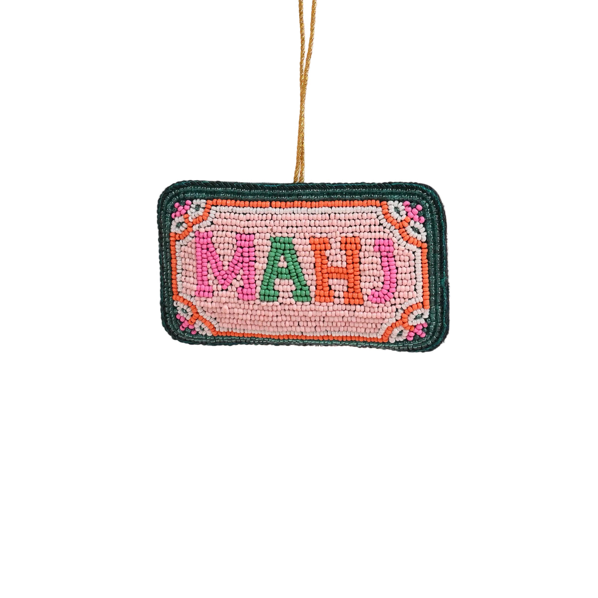 Handcrafted beaded Mahj ornament with intricate colorful beadwork, designed by The Darling Effect.