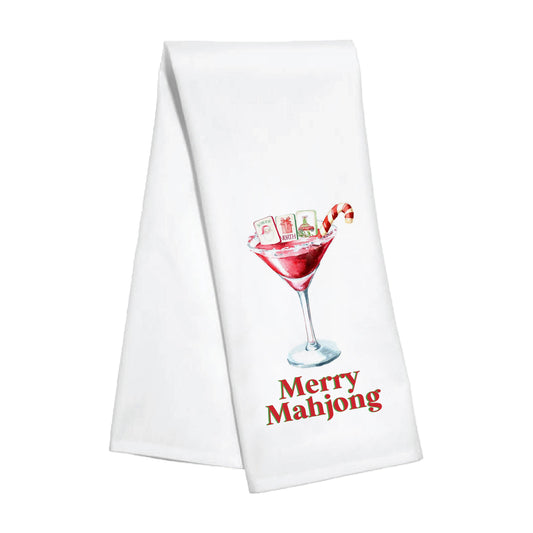 Merry Mahjong kitchen towel by Toss Designs featuring festive holiday design with colorful tiles and cheerful lettering.