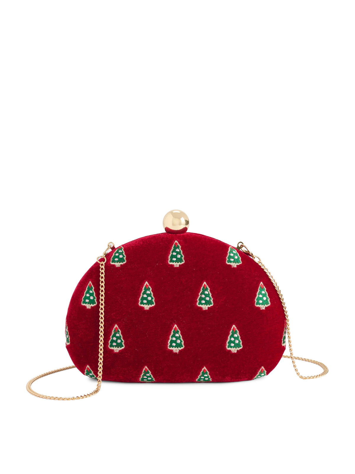Shiraleah Trees Minaudière bag in crimson with a textured tree pattern, featuring a gold chain strap and compact design.