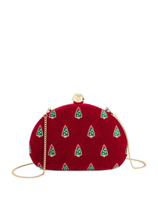 Shiraleah Trees Minaudière bag in crimson with a textured tree pattern, featuring a gold chain strap and compact design.