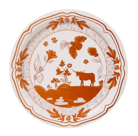 Austin Cow Dinner Plates by Pavilion Paper, burnt orange and white collegiate paper plates, set of 8 for events or gatherings.