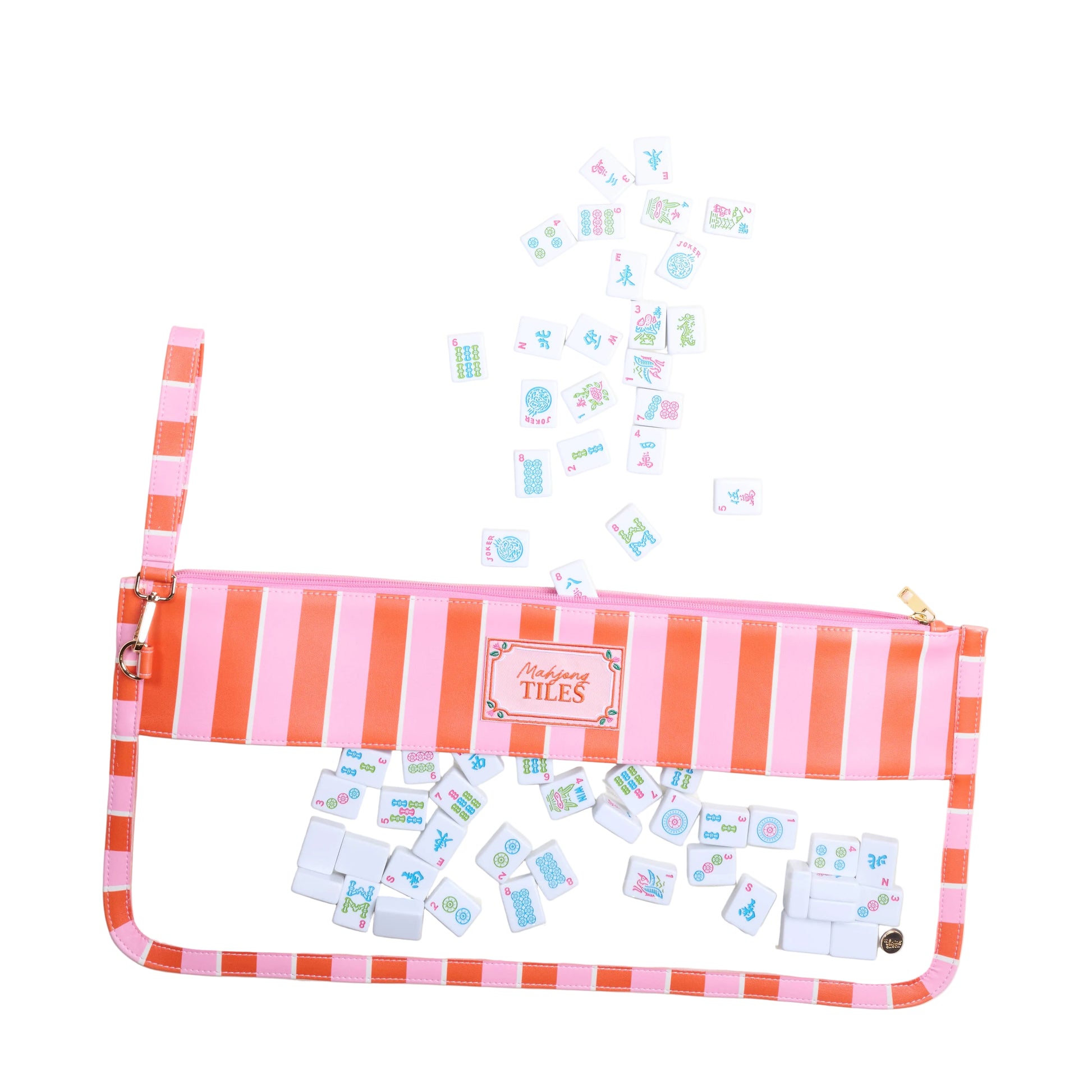 Pink Sicily Stripes Mahjong Tile Keeper Pouch by The Darling Effect with a zipper closure and compact design for storing Mahjong tiles.