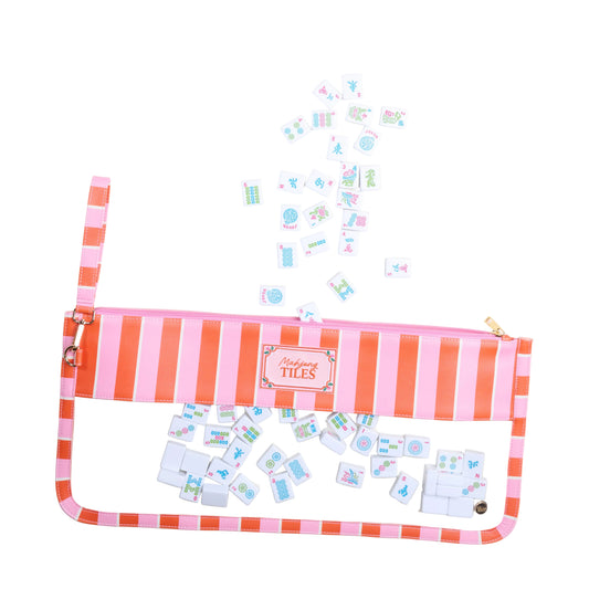 Pink Sicily Stripes Mahjong Tile Keeper Pouch by The Darling Effect with a zipper closure and compact design for storing Mahjong tiles.