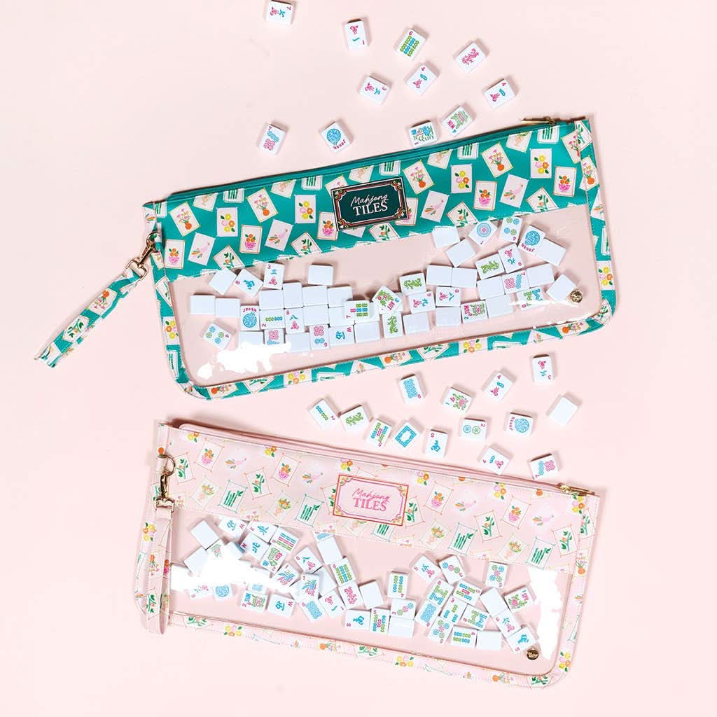 Pink Mahjong tile keeper pouch by The Darling Effect, featuring a compact design for storing and organizing mahjong tiles.
