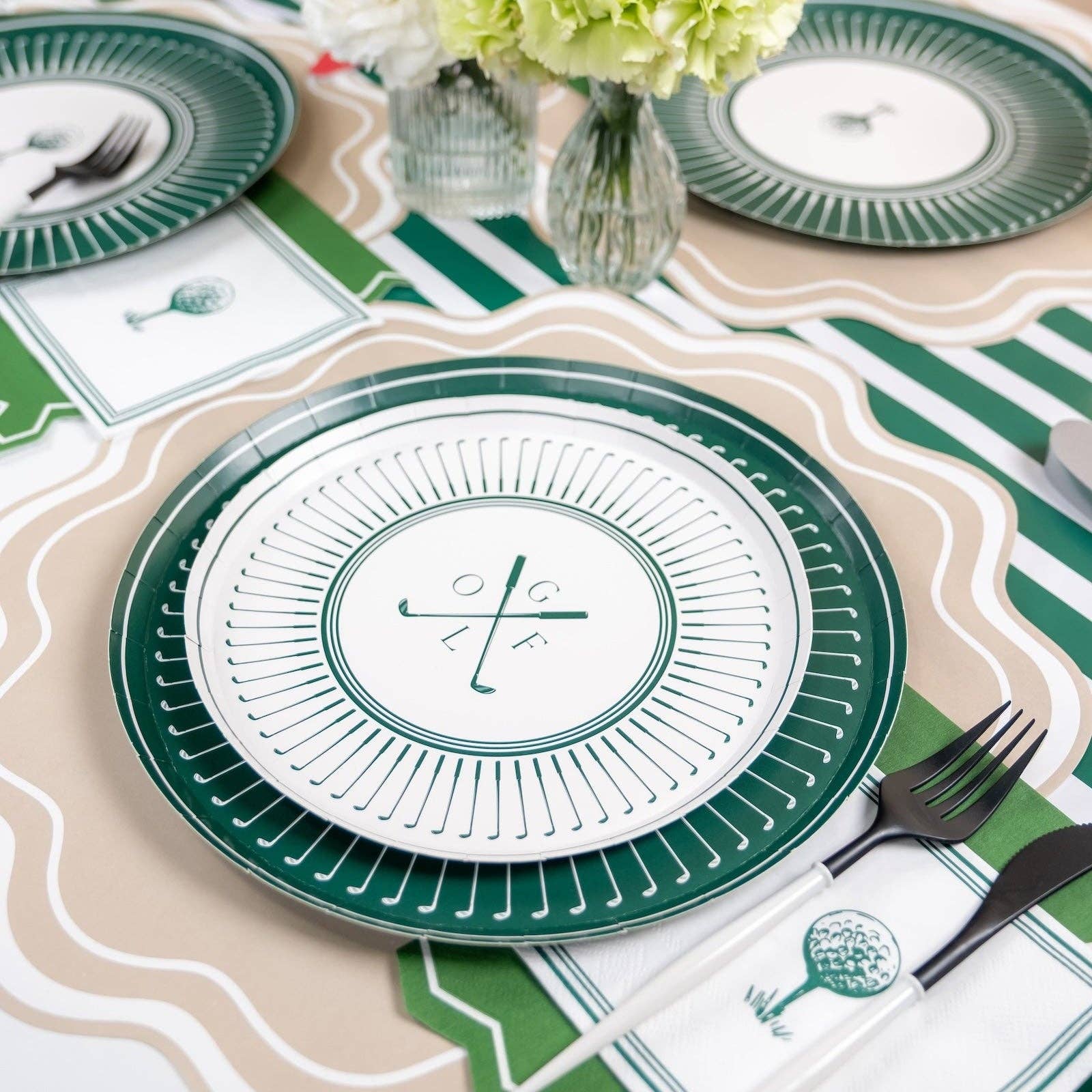 Set of eight 8.5-inch Gathering by Curated Paperie golf-themed dessert plates with green and white design, perfect for parties.