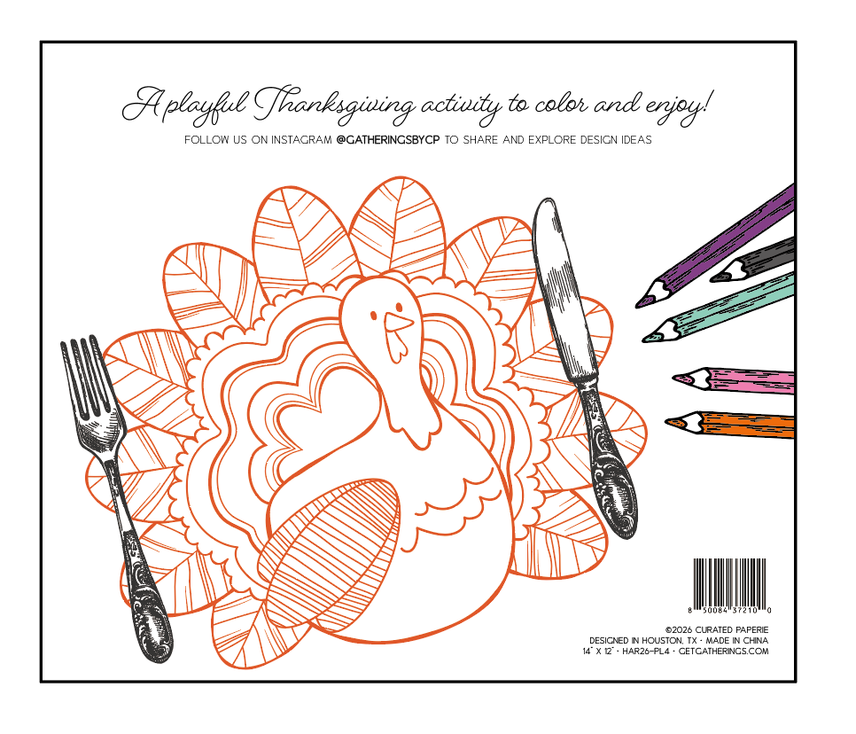 Thanksgiving turkey coloring placemats by Gatherings by Curated Paperie, featuring festive seasonal designs for children.