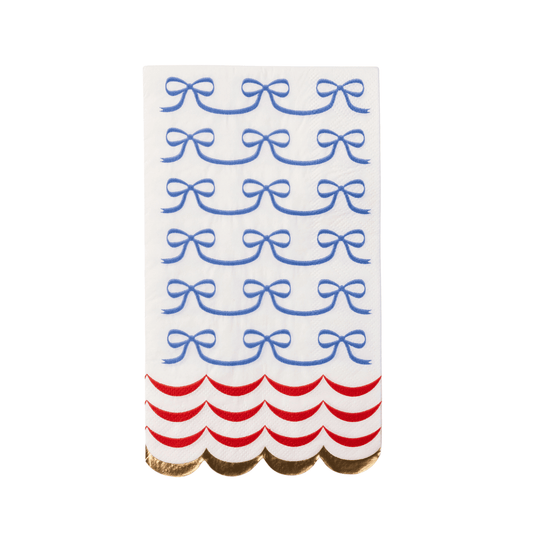 Bonjour Fête 4th of July bow flag guest towels pack of 20, festive red, white, and blue patriotic paper hand towels for celebrations