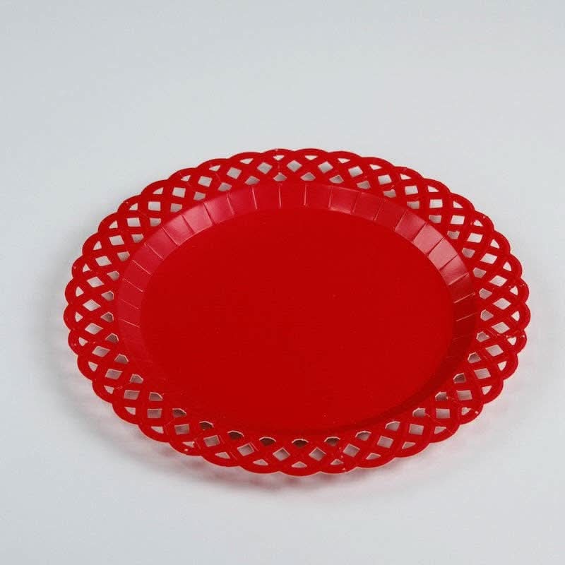 Red Basketweave Dinner Paper Plates from Gatherings by Curated Paperie, showing round paper plates with a basketweave pattern and red color.