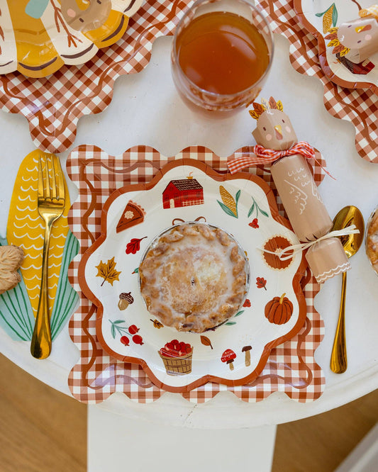 Rust Gingham Scalloped Square Paper Plates 10" | 8 count