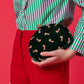 Shiraleah Candy Cane Minaudière in forest green with red and white candy cane pattern, small clutch bag with gold clasp.