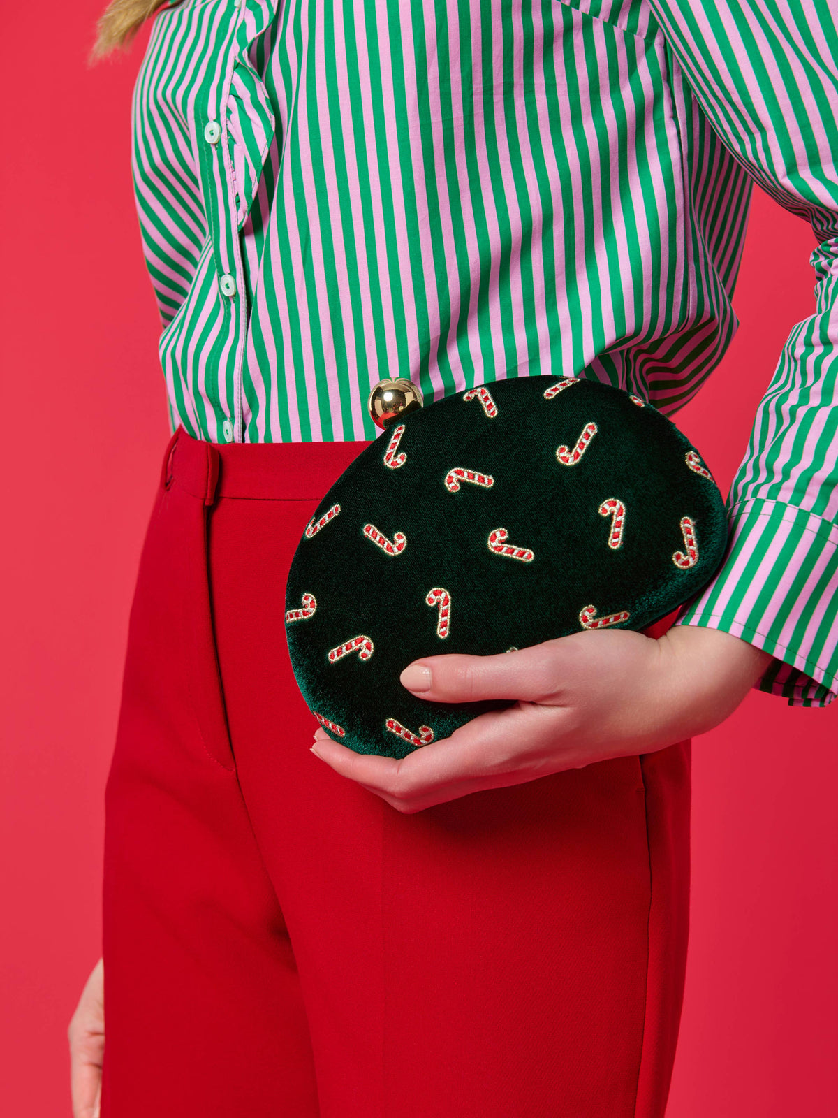 Shiraleah Candy Cane Minaudière in forest green with red and white candy cane pattern, small clutch bag with gold clasp.