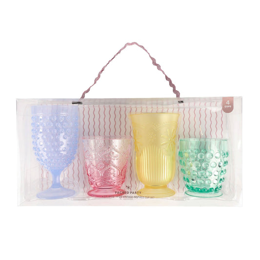 Set of reusable vintage-style cups from Not Your Mom's by Packed Party, featuring colorful, retro-inspired designs on ceramic cups.