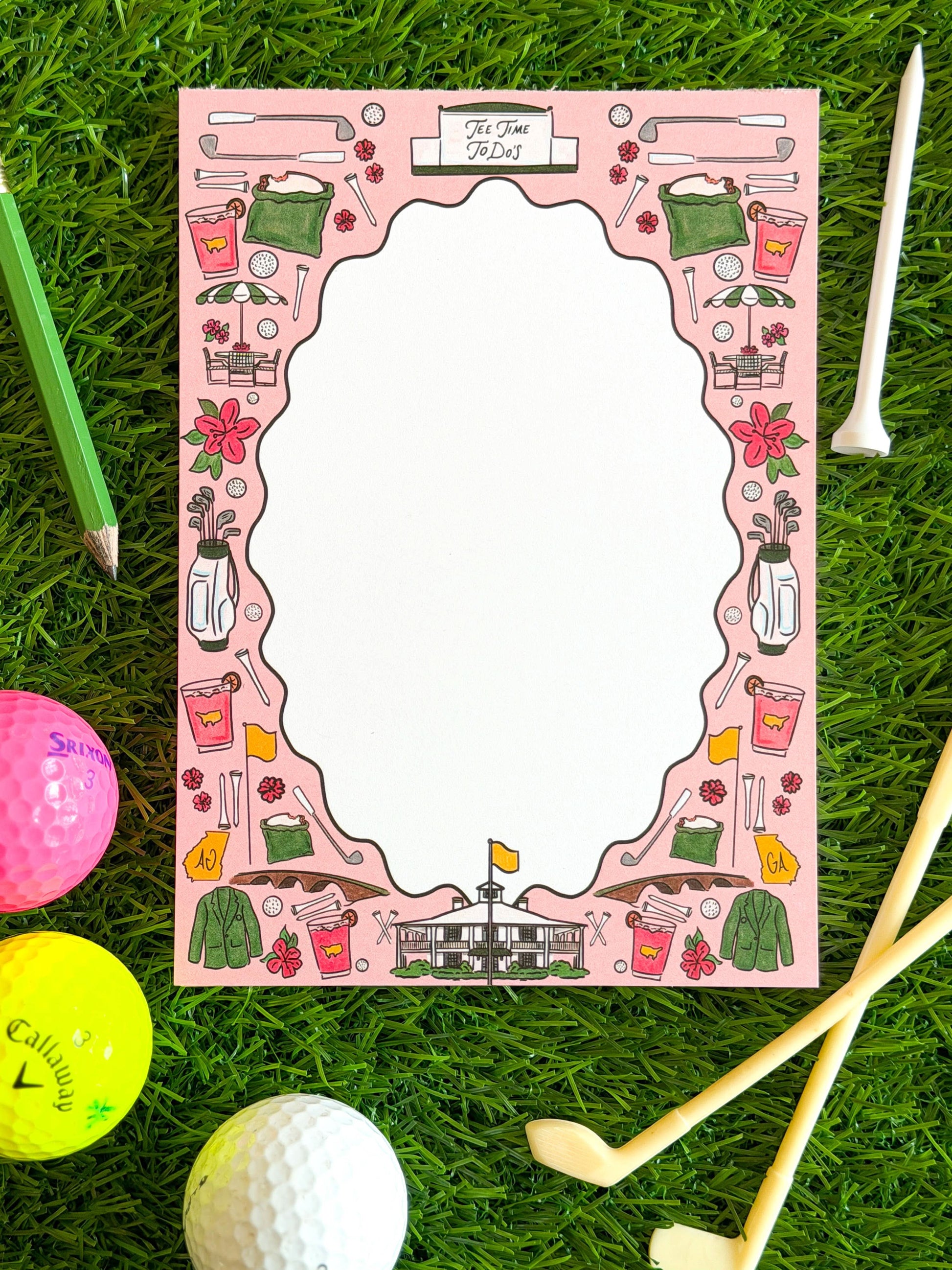 Thirteenwinks golf-inspired Tee Time To-Do's Notepad with April Augusta theme, featuring a notepad with golf-related design and Apricot color.