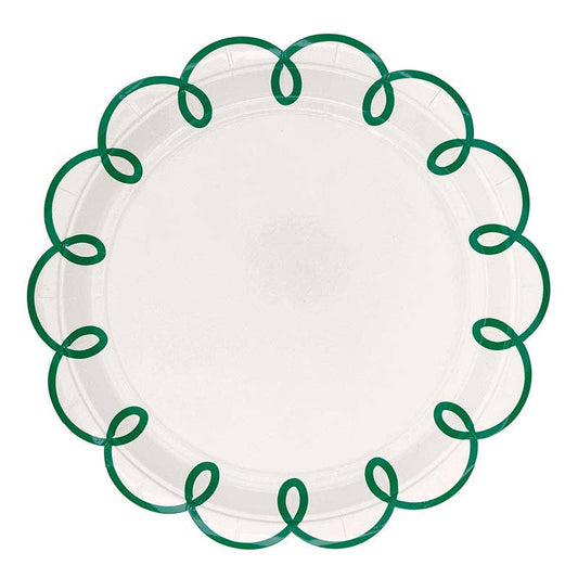 Set of 8 green scalloped paper plates from Slant Collections, 9-inch round disposable plates with decorative scalloped edges.