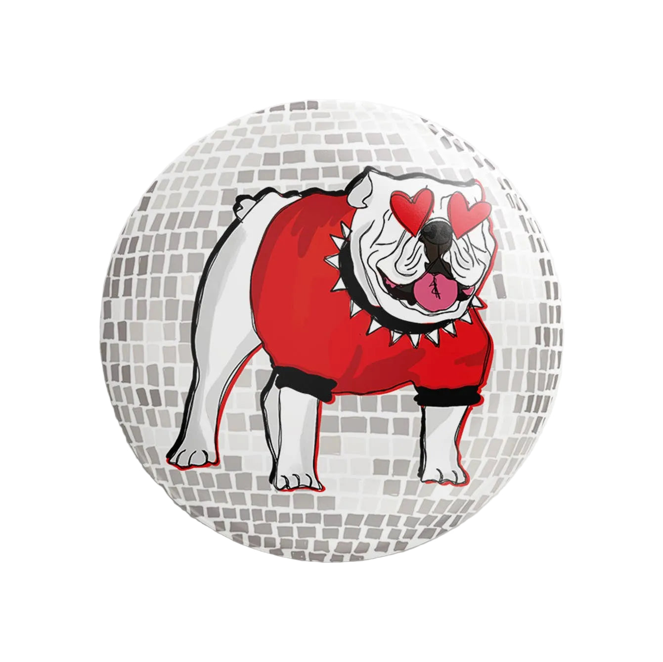 Thanks For Everything Heart-Eyed Disco Dawg button showing a cartoon dog with heart-shaped eyes and a shiny disco ball background.