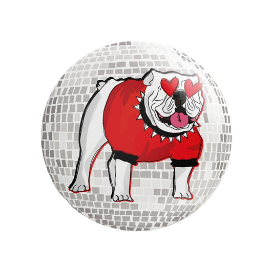 Thanks For Everything Heart-Eyed Disco Dawg button showing a cartoon dog with heart-shaped eyes and a shiny disco ball background.