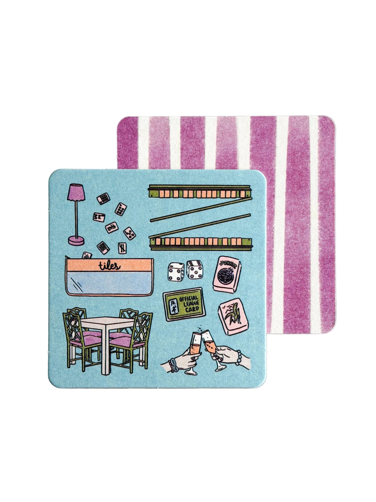 Set of 12 Mahjong Essentials disposable coasters by Thirteenwinks with colorful Mahjong tile designs on paper coasters.
