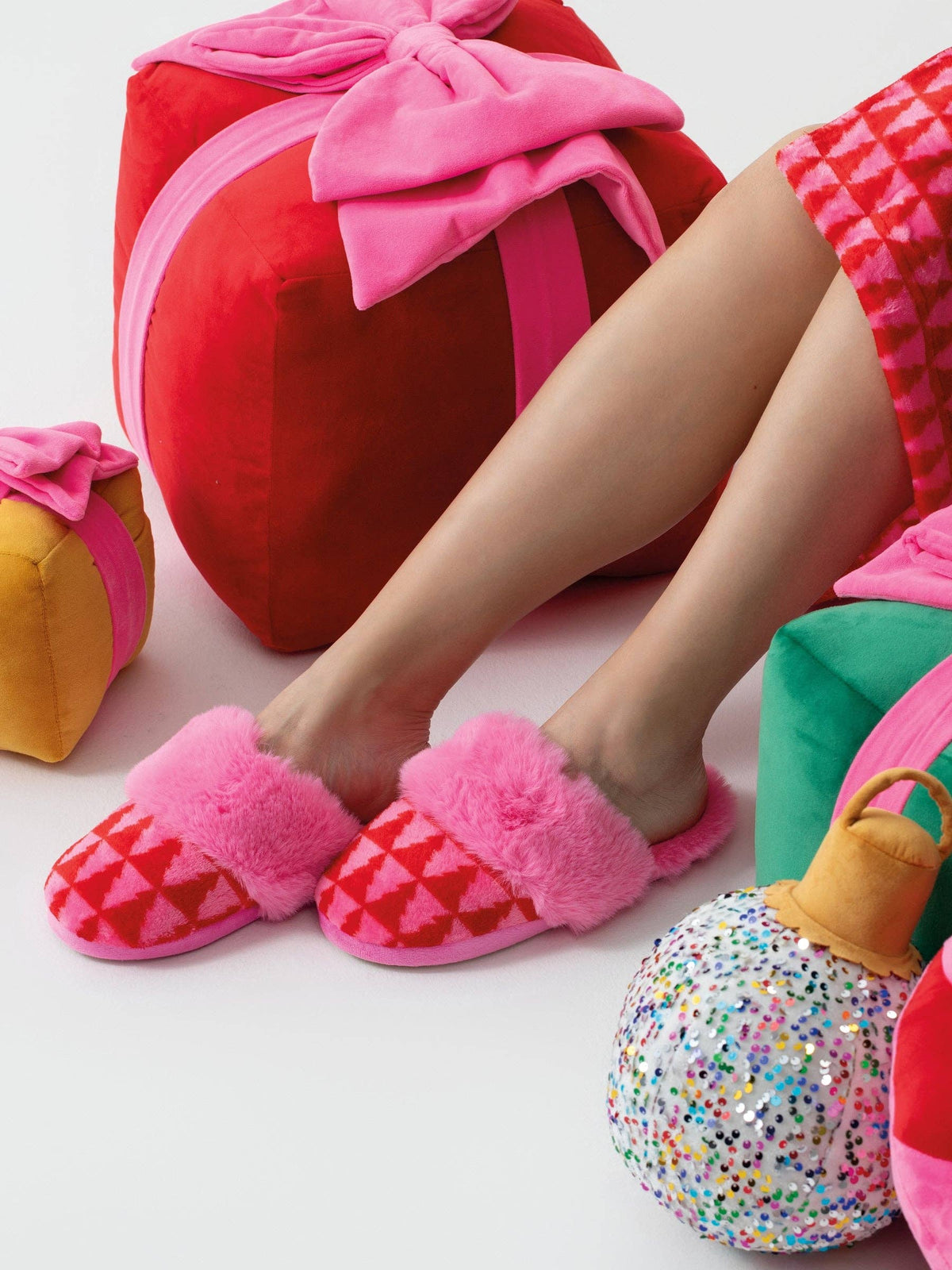 Pink Felicity Trees slippers in two sizes by Shiraleah, featuring a cozy, tree-themed design for comfortable indoor wear.