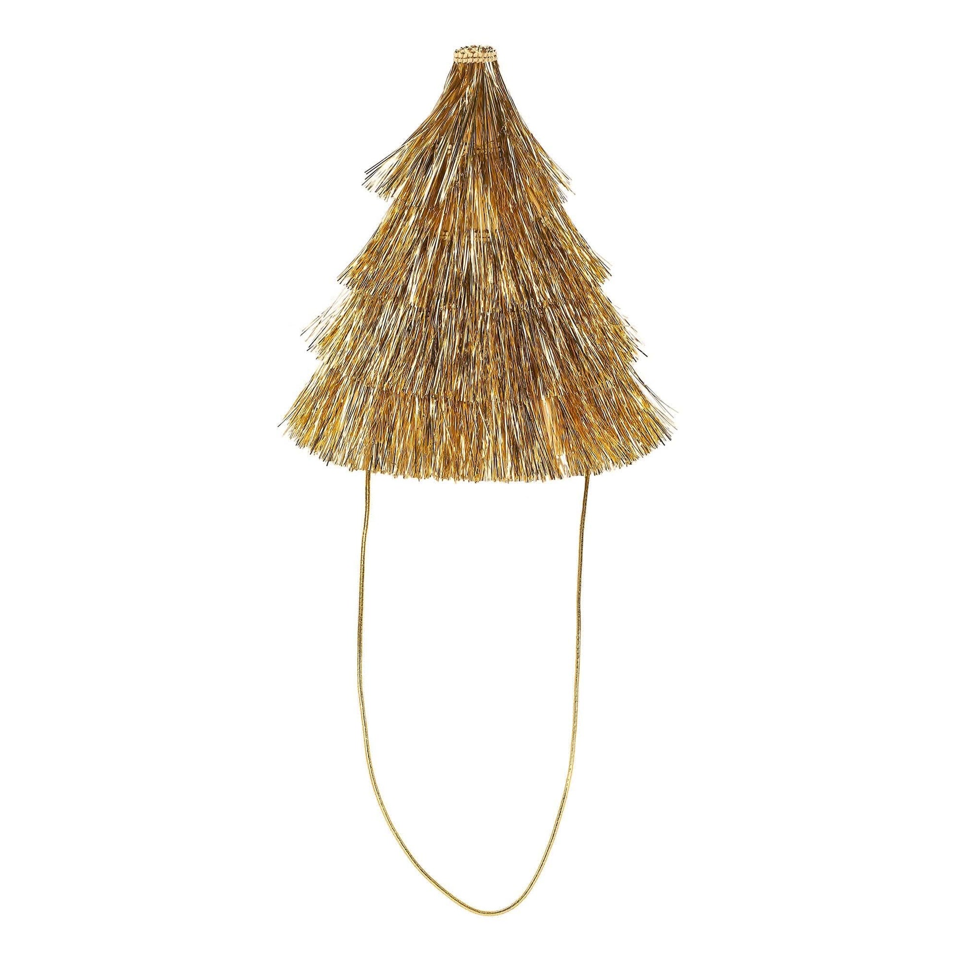 Set of four Golden Girl mini gold fringe party hats by Packed Party, featuring shiny gold fringe and festive design.