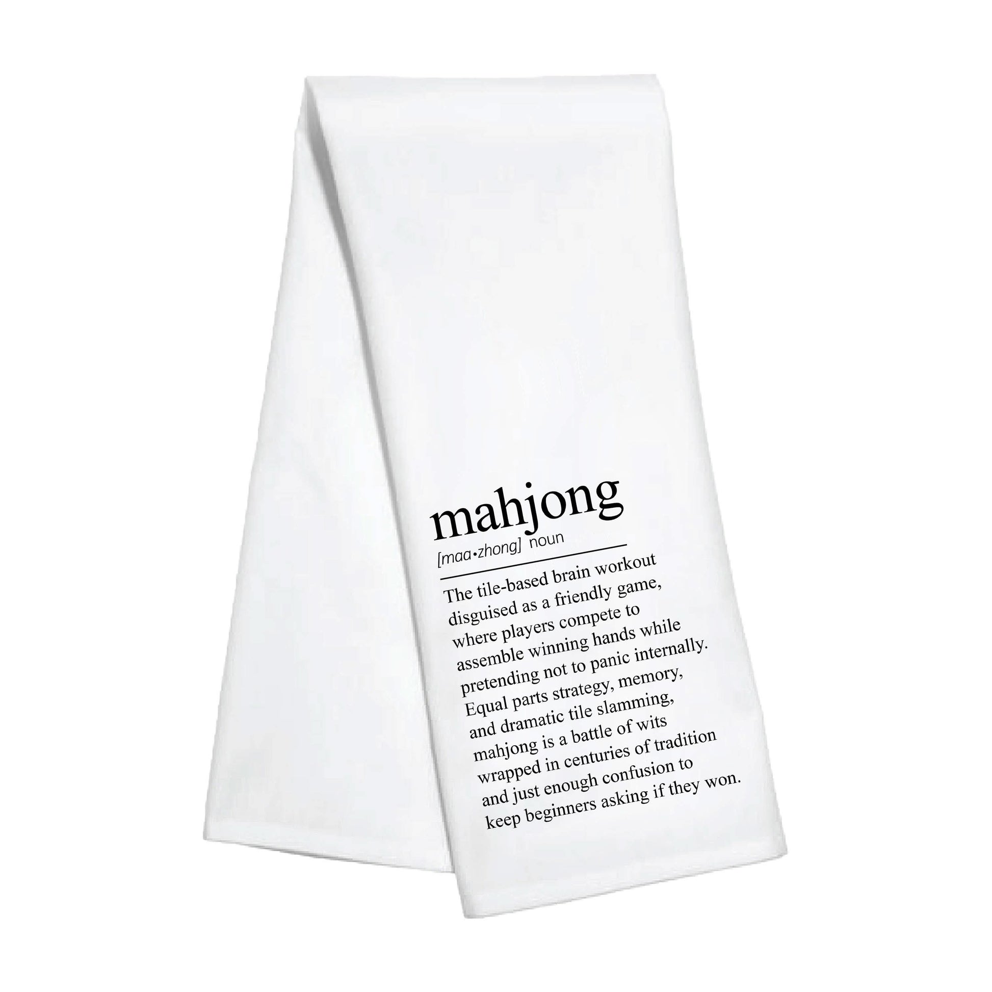 Kitchen towel with Mahjong definition print from Toss Designs, featuring a soft fabric with intricate Mahjong tile illustrations.