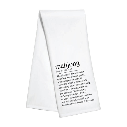 Kitchen towel with Mahjong definition print from Toss Designs, featuring a soft fabric with intricate Mahjong tile illustrations.