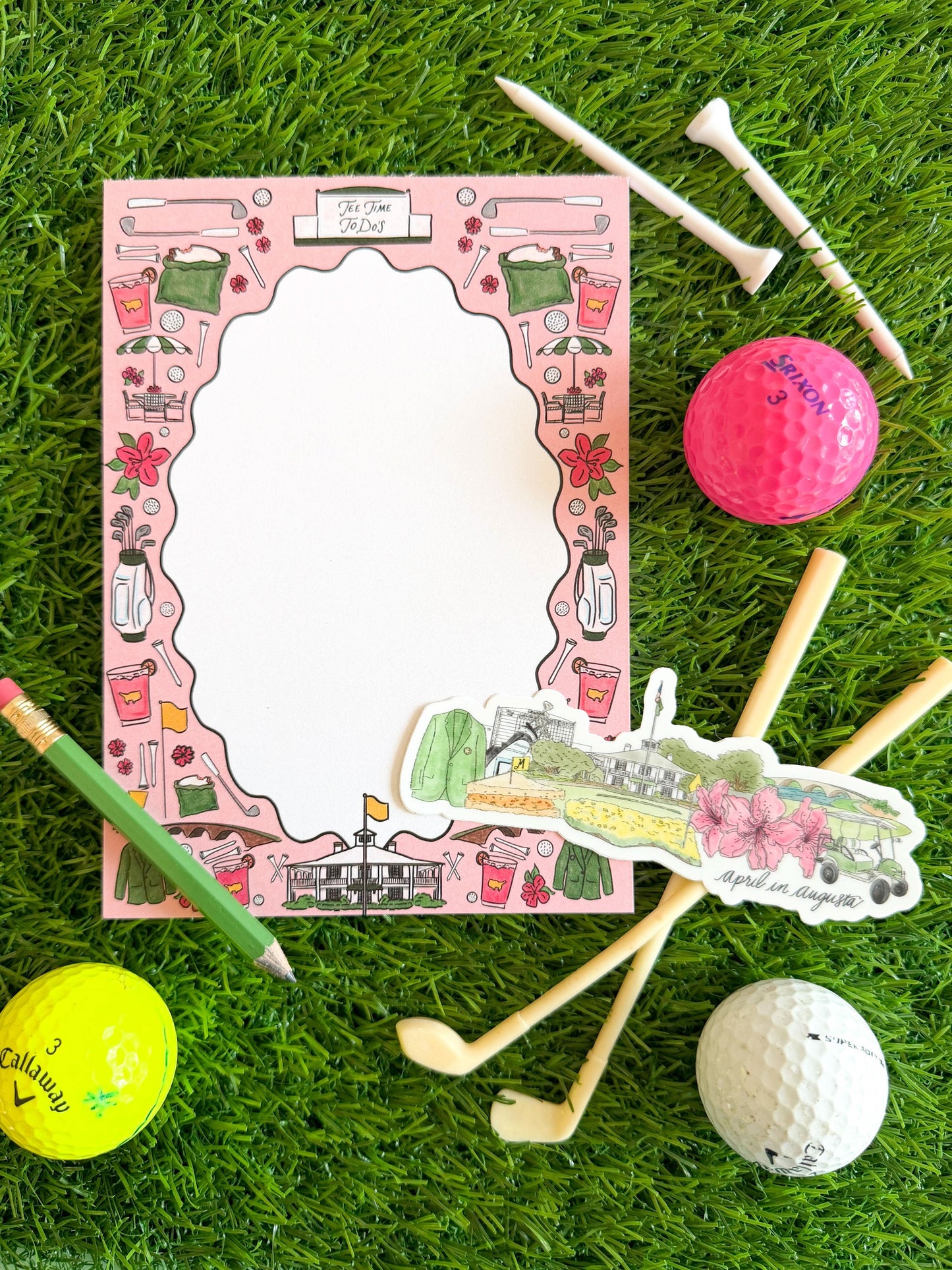 Golf-inspired Augusta Tee Time To-Do's Notepad by Thirteenwinks, featuring a playful design for planning golf outings and activities.