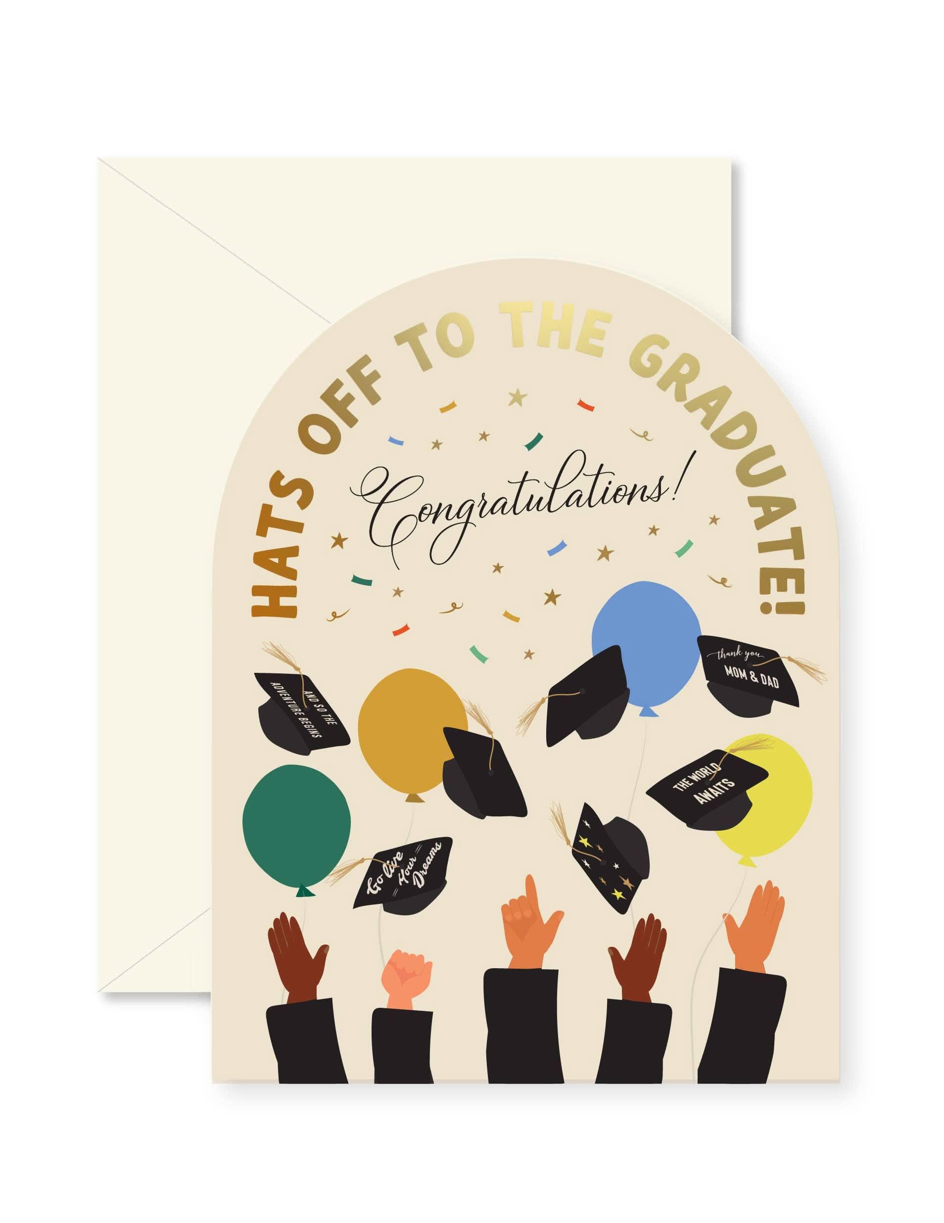 Graduation arch greeting card by Ginger P. Designs featuring colorful hats and celebratory design for graduation wishes.