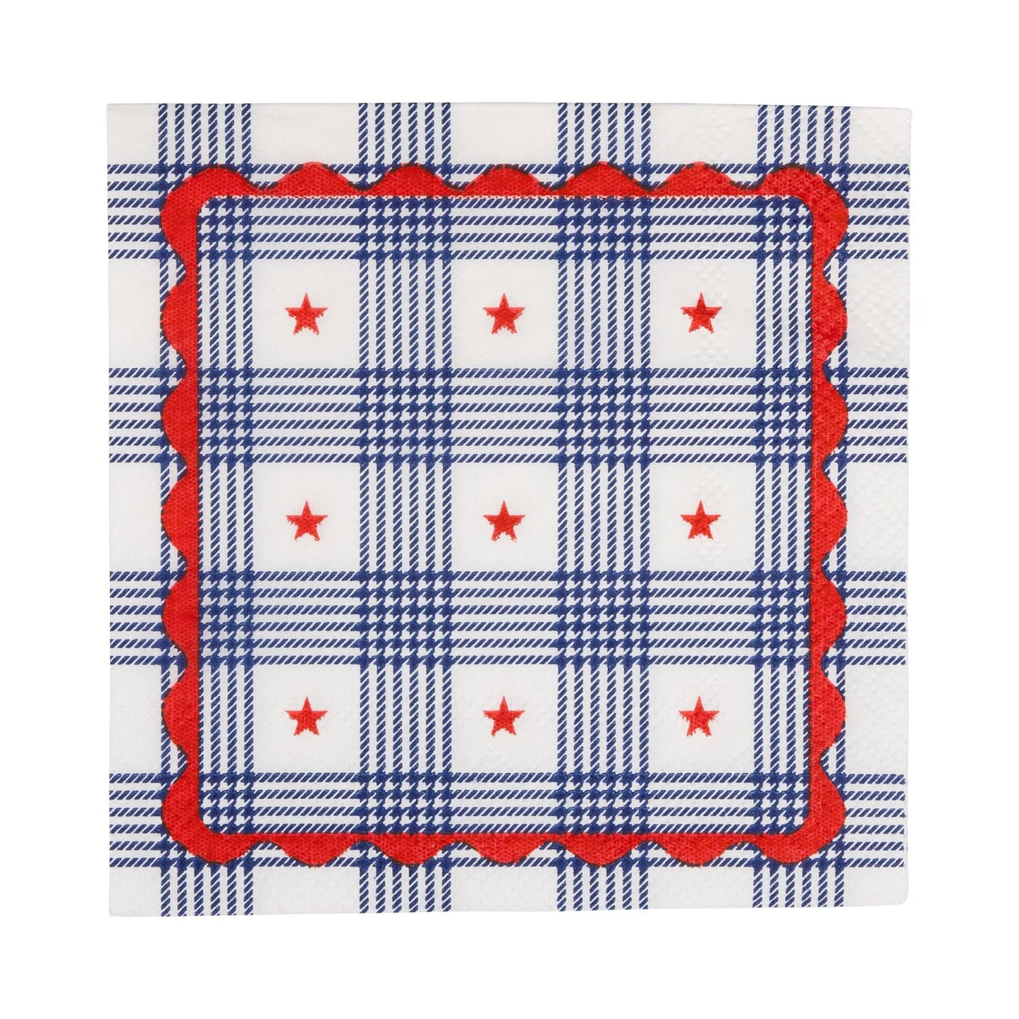 My Mind’s Eye plaid stars paper cocktail napkin with blue, white, and gray star and plaid pattern, suitable for parties and gatherings.