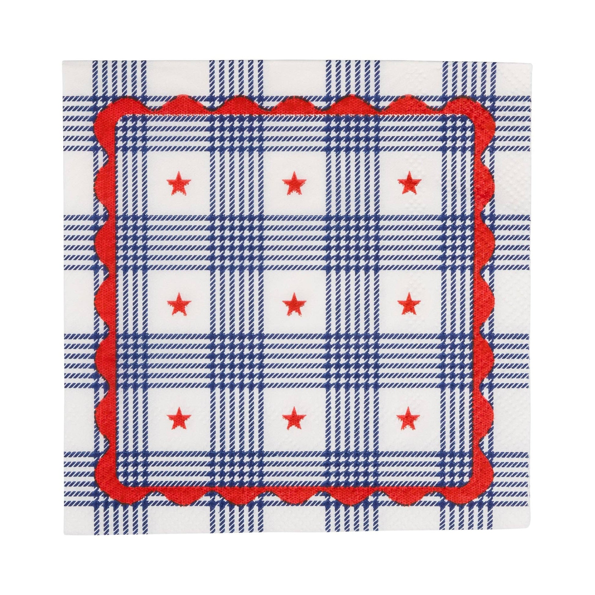 My Mind’s Eye plaid stars paper cocktail napkin with blue, white, and gray star and plaid pattern, suitable for parties and gatherings.