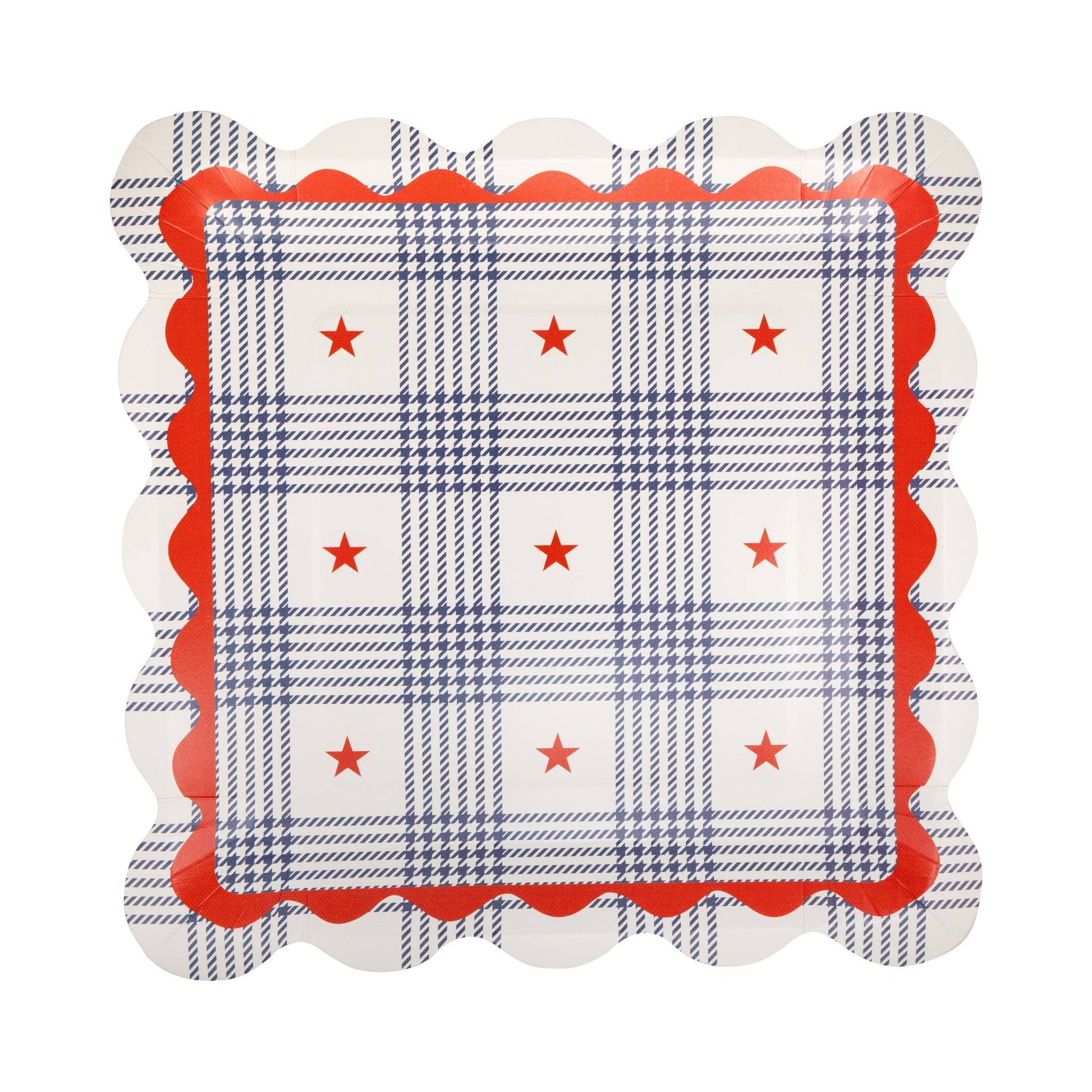 My Mind’s Eye Plaid Stars paper plate, 11-inch round plate with a colorful plaid star design, perfect for party celebrations.