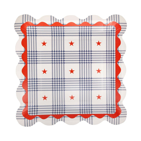 My Mind’s Eye Plaid Stars paper plate, 11-inch round plate with a colorful plaid star design, perfect for party celebrations.