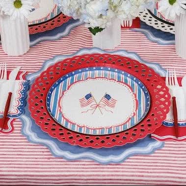 Red Basketweave Dinner Paper Plates by Gatherings by Curated Paperie, featuring a woven pattern and sturdy paper material.
