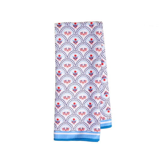 All-American Darling waffle tea towel by The Darling Effect featuring patriotic star and stripe pattern in red, white, and blue.