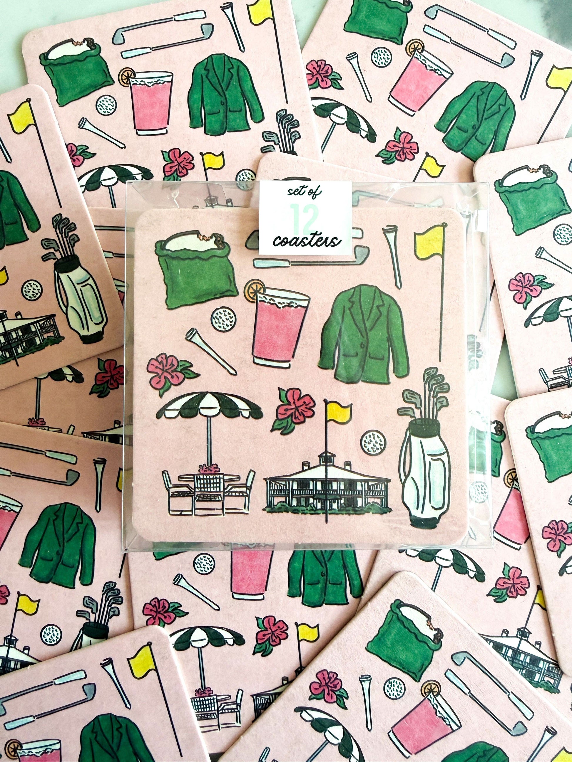Set of 12 Augusta Golf Tournament Essentials disposable coasters by Thirteenwinks, featuring golf-themed designs perfect for events.