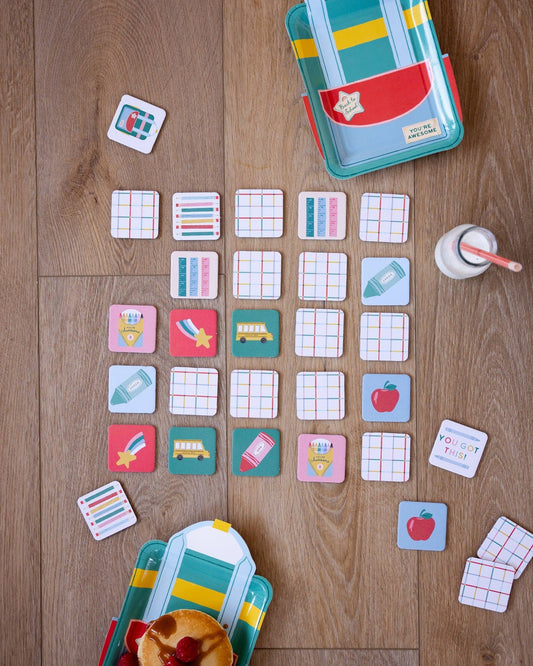 My Mind’s Eye Back to School matching game with colorful cards featuring school-themed illustrations for children.