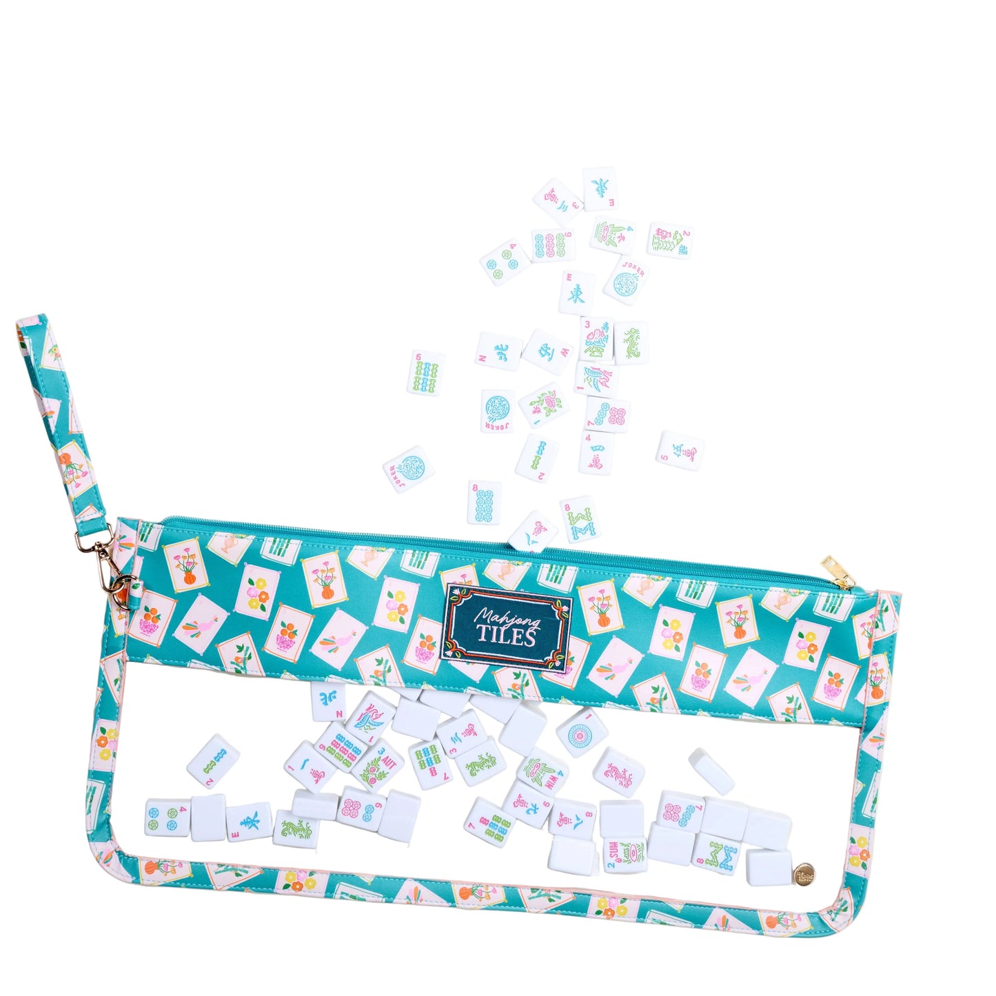 Teal Mahjong tile keeper pouch by The Darling Effect featuring a playful design, perfect for storing Mahjong tiles.