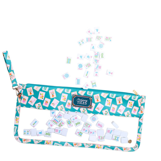 Teal Mahjong tile keeper pouch by The Darling Effect featuring a playful design, perfect for storing Mahjong tiles.