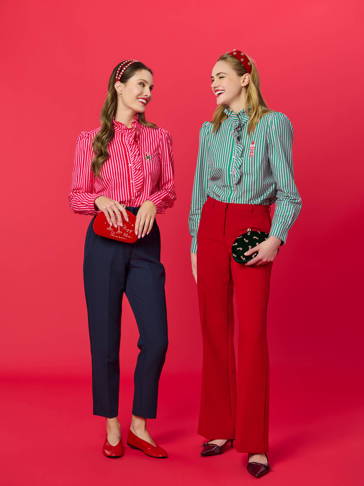 Shiraleah Candy Cane Minaudière in forest green with red and white candy cane pattern, evening clutch bag with gold clasp.