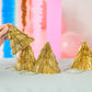 Set of four Golden Girl mini gold fringe party hats by Packed Party, featuring shiny gold fabric and festive fringe details.
