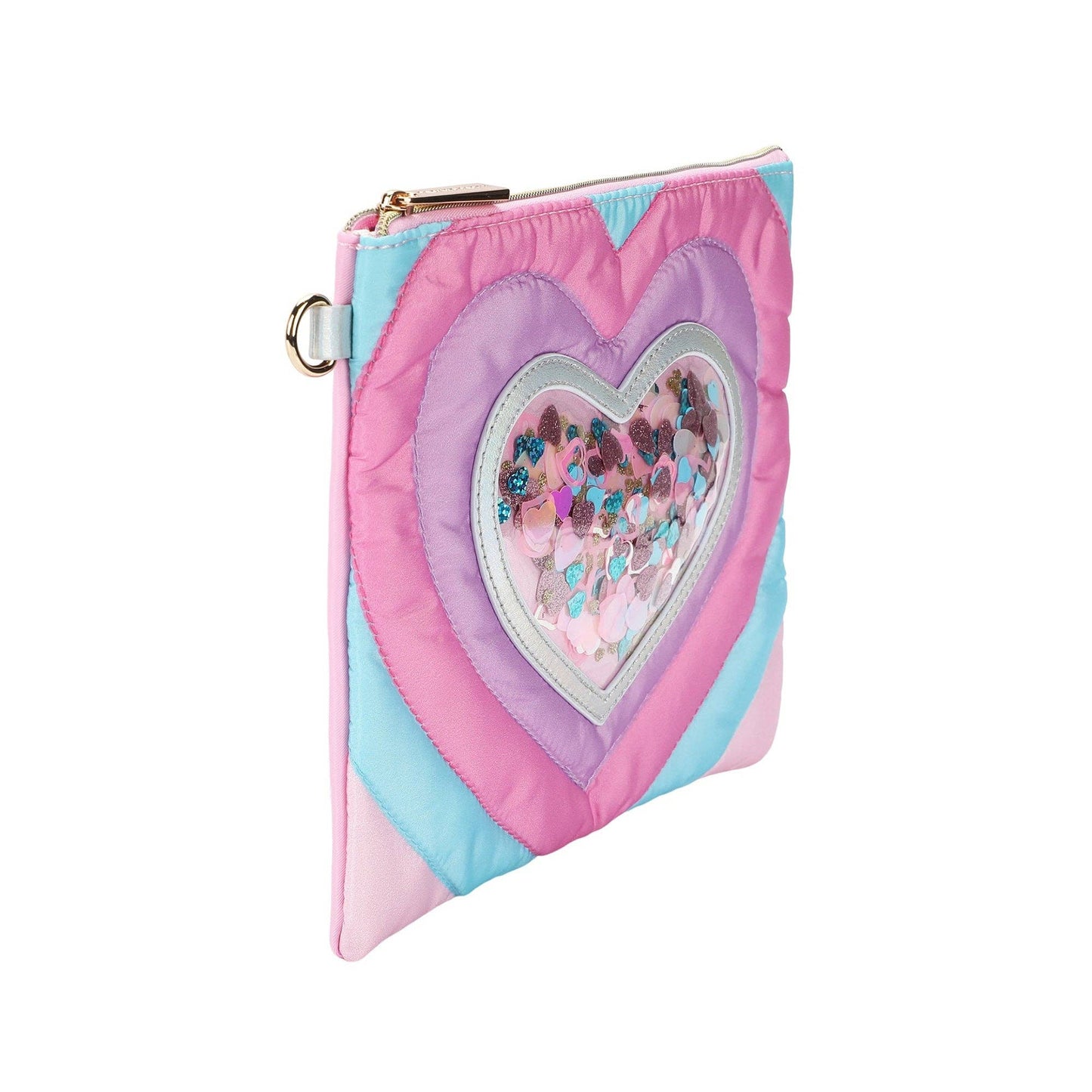 Taylor Quilted Hearts Confetti Pencil Pouch by Packed Party featuring pink quilted fabric with colorful heart confetti design.