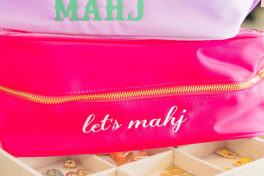 Clear Mahjong Tile Storage Bag with Handles: Hot Pink / Let's Mahj - Porcupine Paper Co.