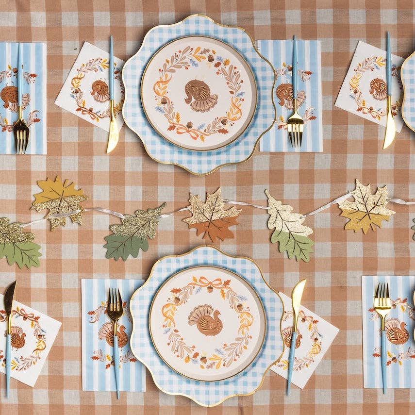 Set of 8 Fall Foliage Turkey Dessert Plates with gold foil accents by Bonjour Fête, featuring autumn leaves and festive turkey design.