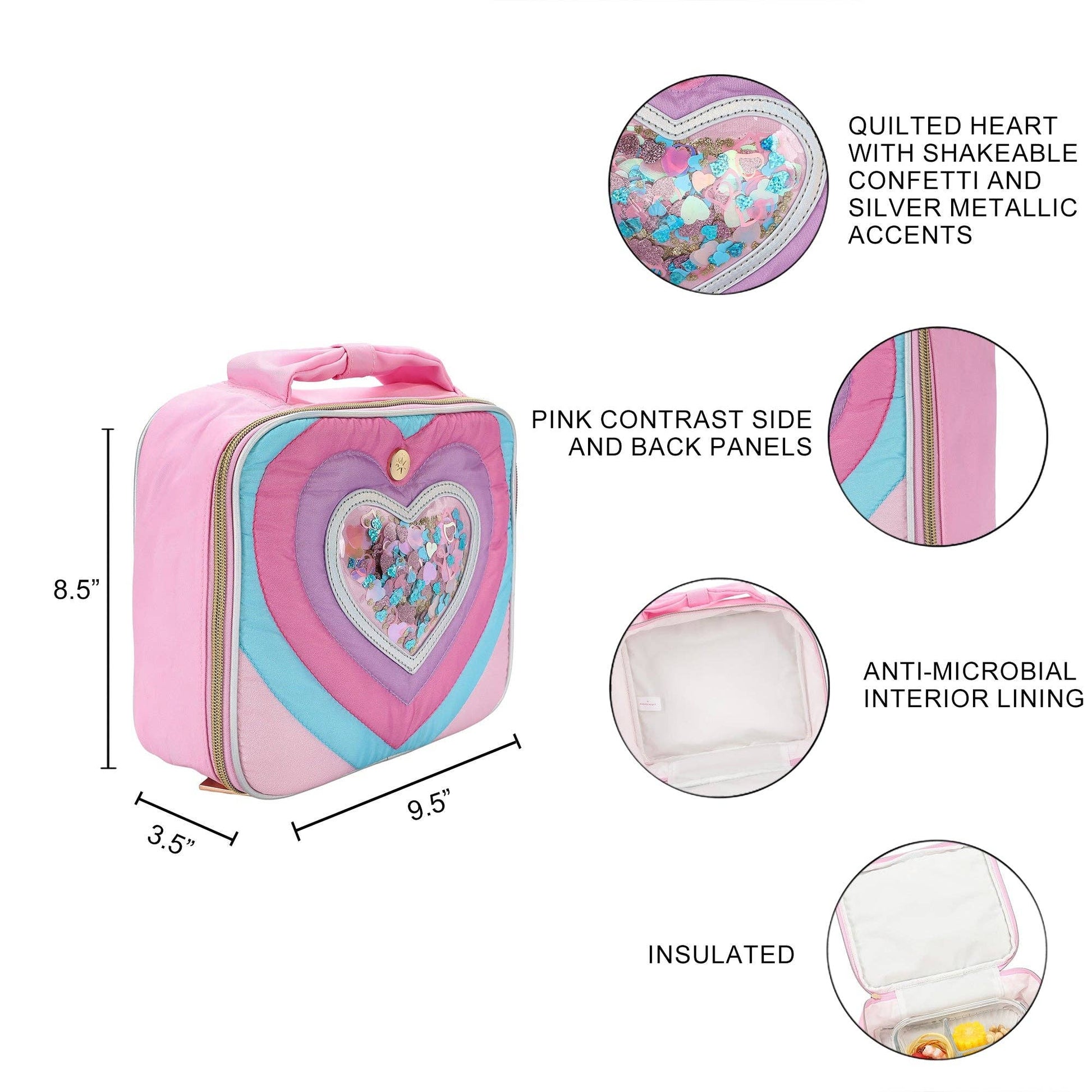 Packed Party Taylor quilted confetti hearts insulated lunchbox with colorful heart pattern and padded quilted design.