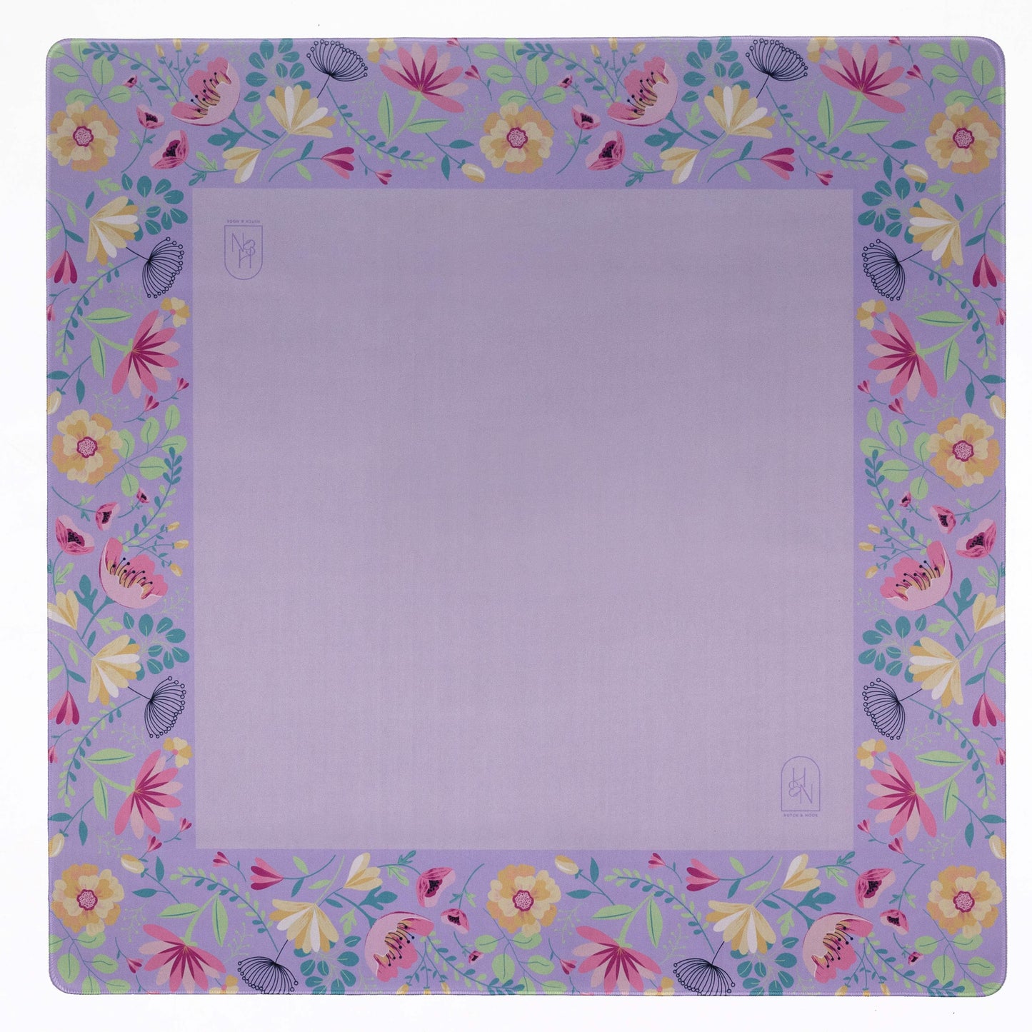 Lavender floral mat by Hutch and Nook featuring a soft fabric with a lavender and floral pattern for home decor.