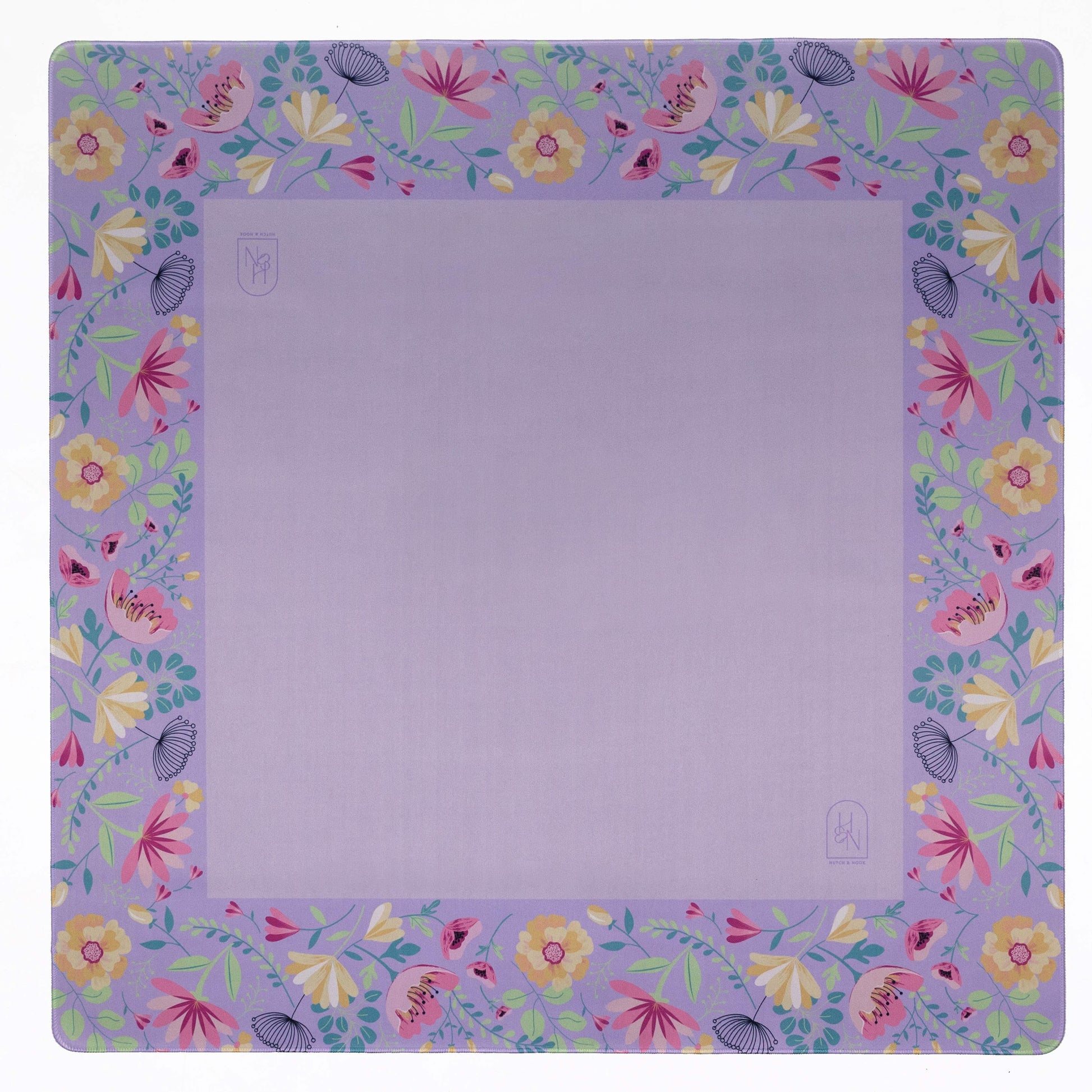 Lavender floral mat by Hutch and Nook featuring a soft fabric with a lavender and floral pattern for home decor.