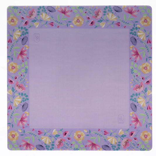 Lavender floral mat by Hutch and Nook featuring a soft fabric with a lavender and floral pattern for home decor.