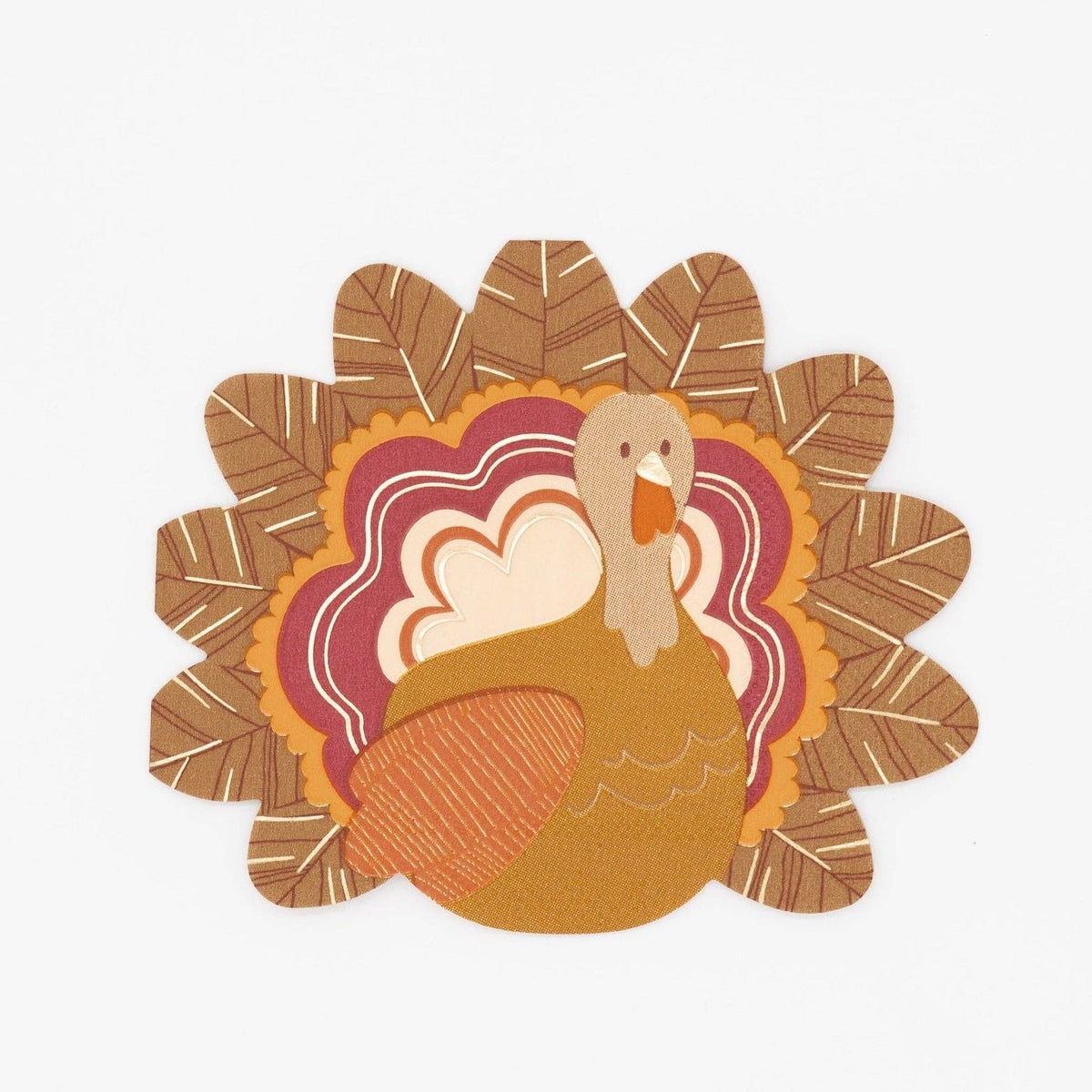 Thanksgiving turkey-shaped paper napkins with festive autumn leaves and turkey design for holiday table decor.